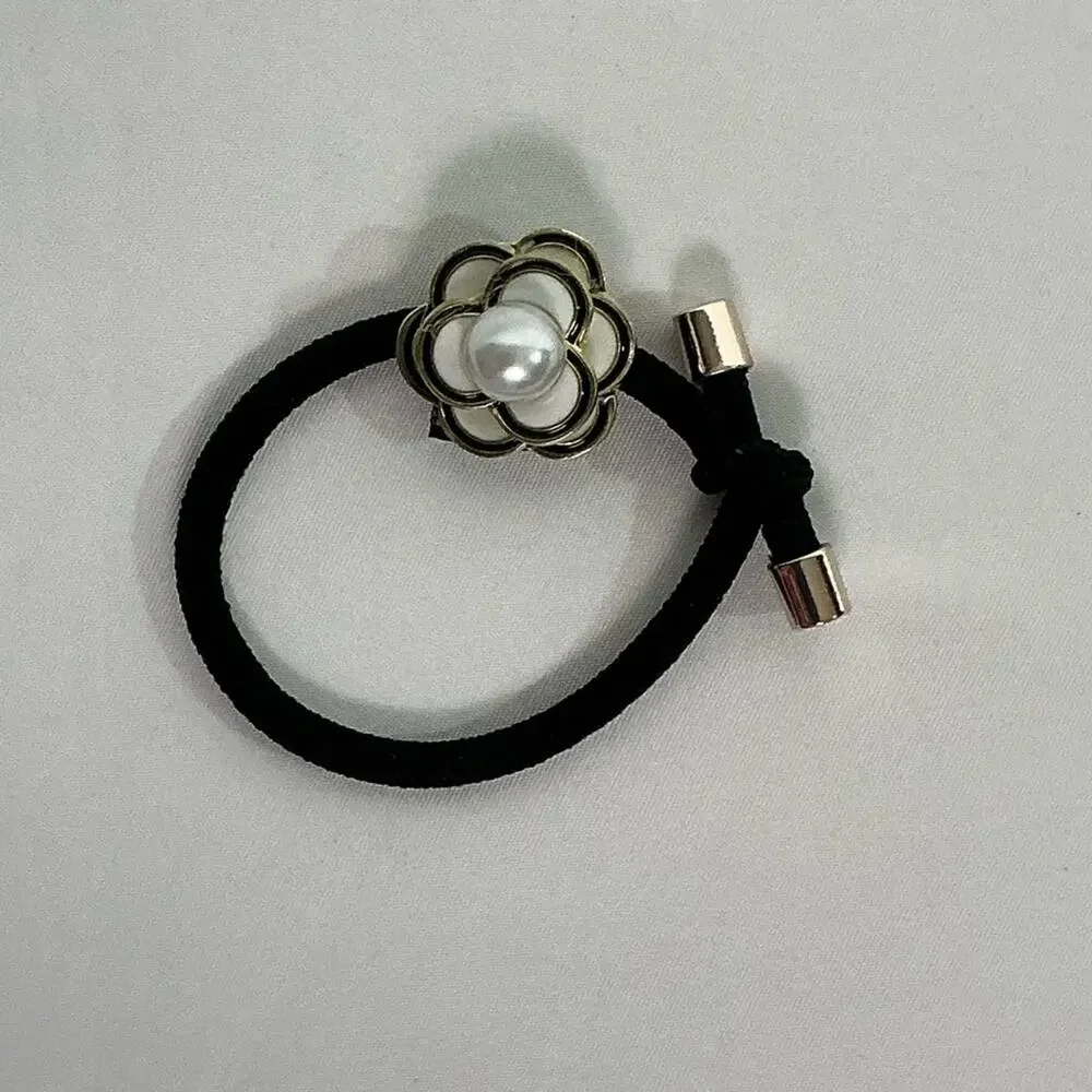 Camellia Flower Black Hair Tie with Gold Flower and Pearl Accent